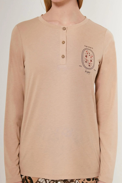 Arnetta Nap Time Is Happy - Light Brown Women's Long Sleeve Pajama Set