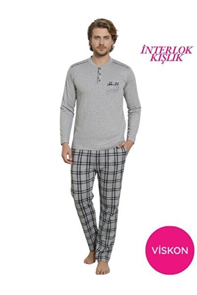 bie's Ανδρικό σετ πιτζάμες με γκρι καρό σχέδιο ελαστικό ύφασμα βαμβακερό μακρυμάνικο χειμερινό σετ πιτζάμες με τσέπη στο στήθος