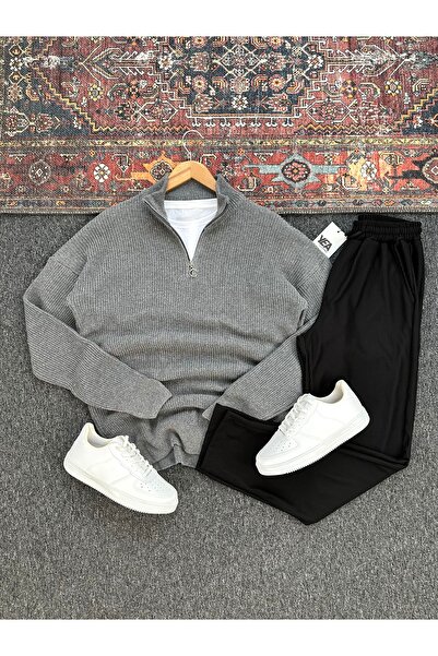 tetramoda Thessaloniki Plain Knitted Stand Collar Half Zipper Knitwear Sweater and Ottoman Fabric Trousers 2-Piece Set