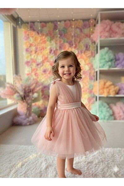 penu baby kids Pudra Omuzdan Fiyonklu Tül Kız Bebek Elbise - Bow