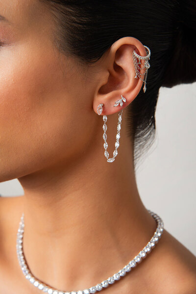 SOCIETA Gümüş Damla ve kristal taşlı zincir detaylı 925 ayar gümüş kıkırdak k...