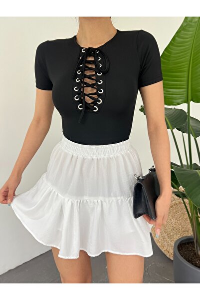 Modamorfo Bird Eye Detailed Tie Front Crop T-Shirt - Black