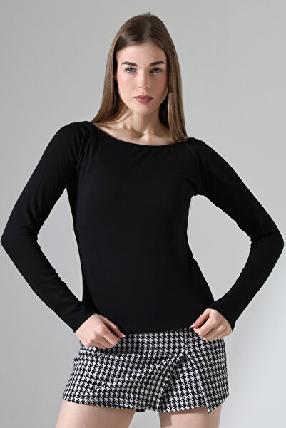 Şiir Pulover și bluză și top pentru femei Owia, cu textura moale, cu guler bateau (POOL), cu mâneci lungi - negru