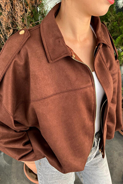 Rich Women's Brown Oversized Suede Bomber Jacket
