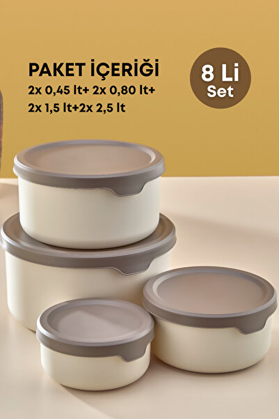 grimorlife 8 Leakproof Round Food Storage Containers 0.45 Lt+ 0.80 Lt+ 1.5 Lt+2.5 Lt. Beige
