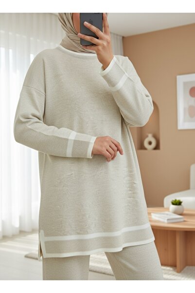 Modamorfo Double Knitwear Set with Cuffs and Stripes - Stone