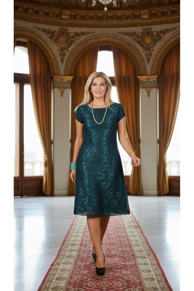 Nidya Moda Büyük Beden Vako Yeşil Dantel Abiye Elbise-4035dy