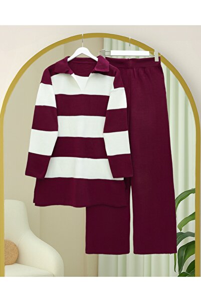 Modamorfo V-Neck Knitwear Set with Trousers - Burgundy