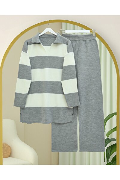 Modamorfo V-Neck Knitwear Set with Trousers - Gray