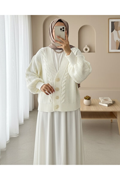 Modamorfo Knitted pattern buttoned araboy cardigan - ecru