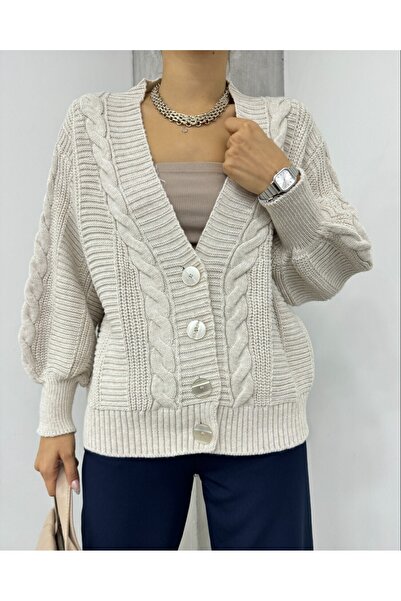 Modamorfo Knitted pattern buttoned araboy cardigan -stone