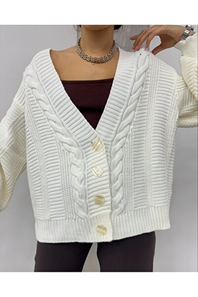 Modamorfo Knitted pattern buttoned araboy cardigan - ecru