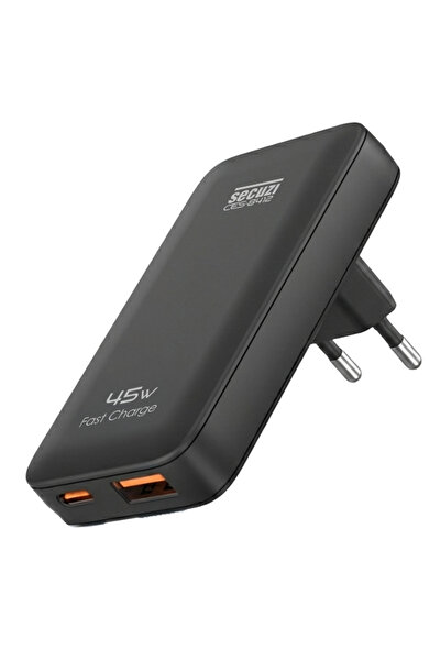 SECUZİ 45w GaN PPS Destekli QC4 Hızlı Şarj Adaptörü / USB-C USB-A Çift Port / Seyahat Tipi Fiş/ Slim