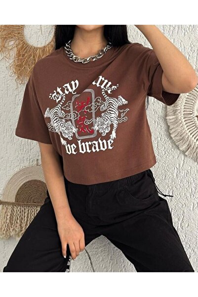 Modamorfo Coffee Color Round Neck Crop T-Shirt