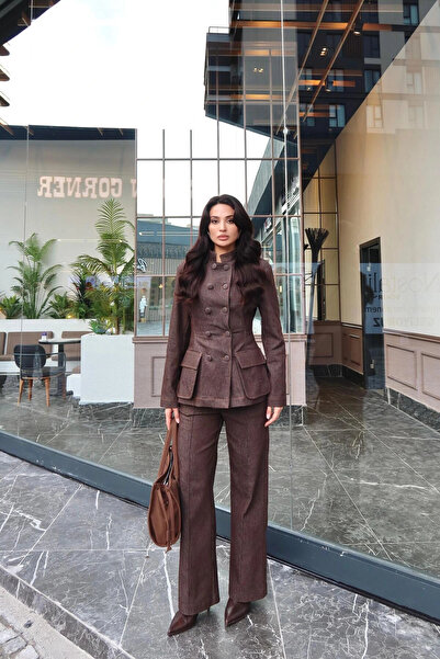 Diemmood Kadın Koyu Kot Bel Oturtmalı Düğmeli Ceket Pantolon Takım