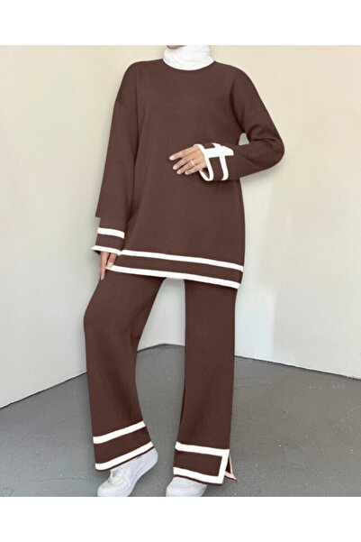 Modamorfo Double Knitwear Set with Cuffs and Stripes - Brown