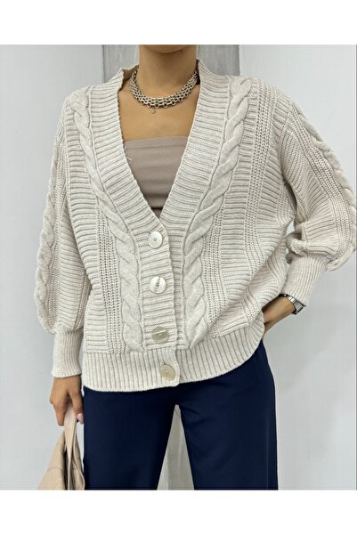 Modamorfo Knitted pattern buttoned araboy cardigan -stone
