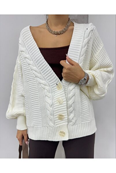 Modamorfo Knitted pattern buttoned araboy cardigan - ecru