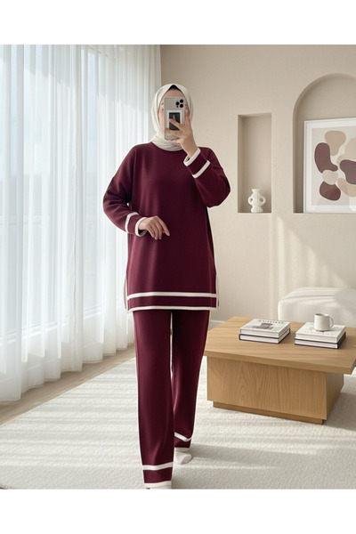 Modamorfo Double Knitwear Set with Cuffs and Stripes - Burgundy