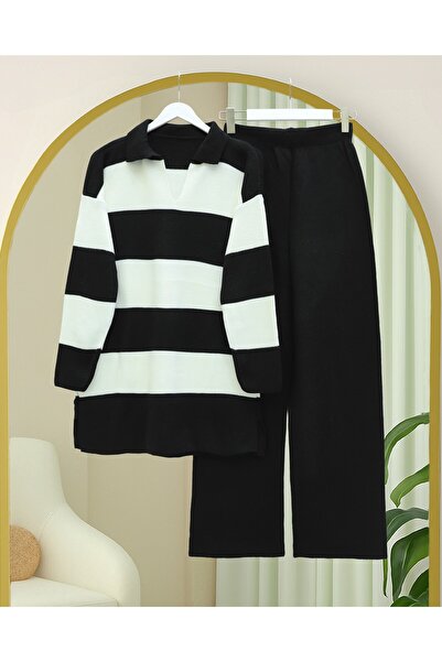 Modamorfo V-Neck Knitwear Set with Trousers - Black