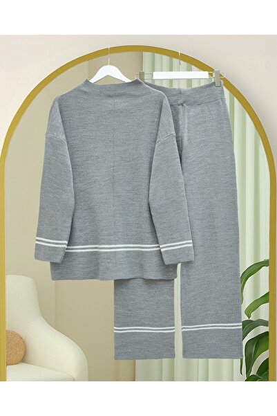 Modamorfo Skirt and Sleeve Striped Knitwear Set - Gray