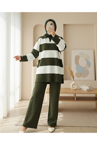 Modamorfo V-Neck Knitwear Set with Trousers - Khaki