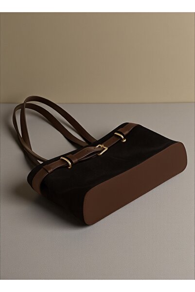 DEMESİ Women's Leather Belt Detailed Black Suede Luxury Shoulder Bag