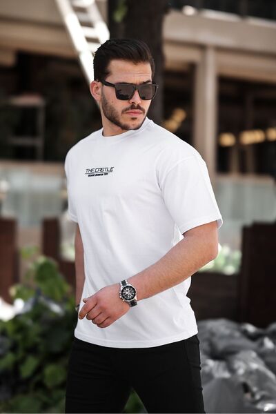 comstar Men's Oversize Castle Text Printed Loose White T-Shirt