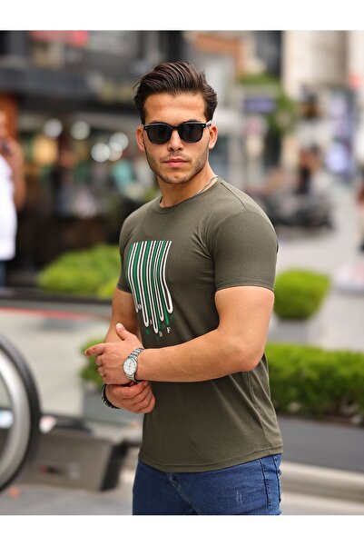 comstar Чоловічий футболка з принтом, короткий рукав, вузький комір, хакі