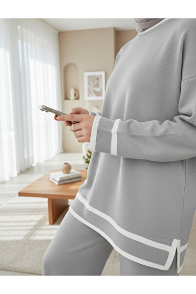 Modamorfo Double Knitwear Set with Cuffs and Stripes - Gray