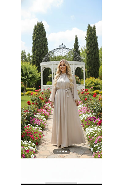 Sevimli Rochie de seară hijab cu mâneci balon și curea cu piatră strălucitoare