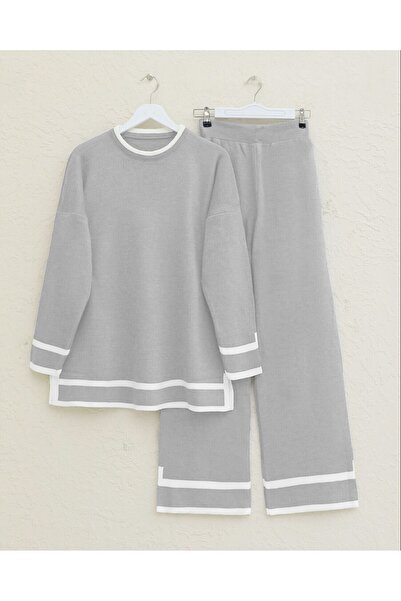 Modamorfo Double Knitwear Set with Cuffs and Stripes - Gray