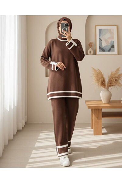 Modamorfo Double Knitwear Set with Cuffs and Stripes - Brown