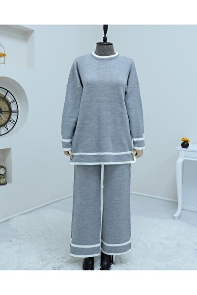 Modamorfo Double Knitwear Set with Cuffs and Stripes - Gray