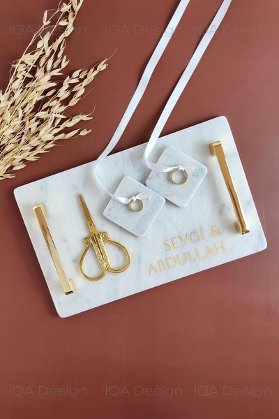 ioadesign Nergis - KİŞİYE ÖZEL Gerçek Mermer Söz Nişan Tepsisi (32X20 CM) + 2...
