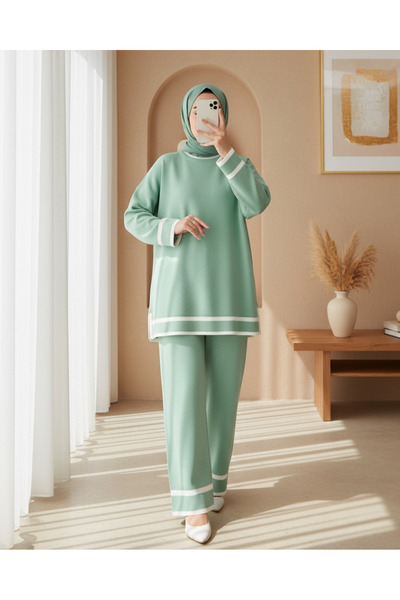 Modamorfo Double Knitwear Set with Cuffs and Stripes - Water Green