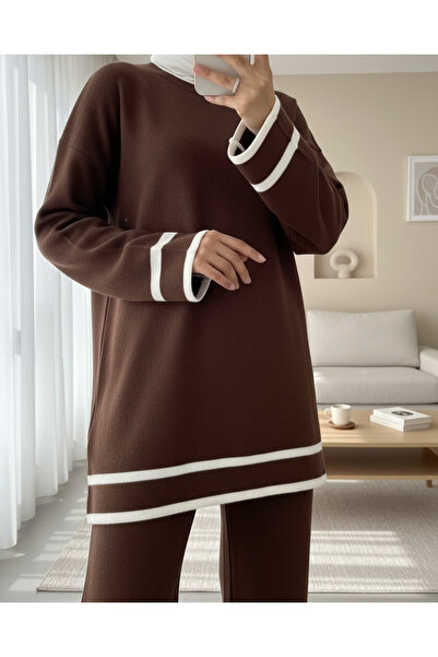 Modamorfo Double Knitwear Set with Cuffs and Stripes - Brown