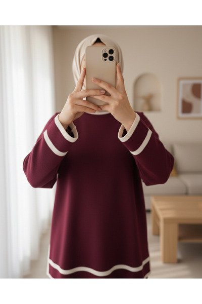 Modamorfo Double Knitwear Set with Cuffs and Stripes - Burgundy