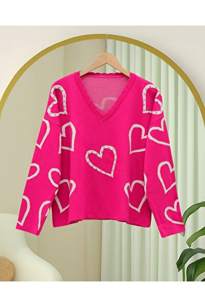 Modamorfo Pletený svetr s výstřihem do V - Fuchsiová