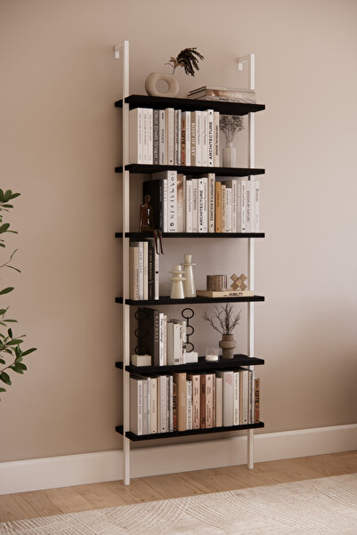 Phobia Kitaplık, Yeni Beyaz Metal Kitaplık, 6 Raflı Duvara Monte , Siyah Duvar Rafı Kitaplık, Mobilya 741