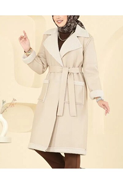 Modamorfo Beli Belted Double Pocket Fur Lined Leather Coat - Beige