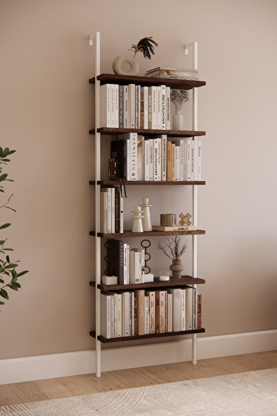 Phobia Kitaplık, Yeni Beyaz Metal Kitaplık, 6 Raflı Duvara Monte , Ceviz Duvar Rafı Kitaplık, Mobilya 742
