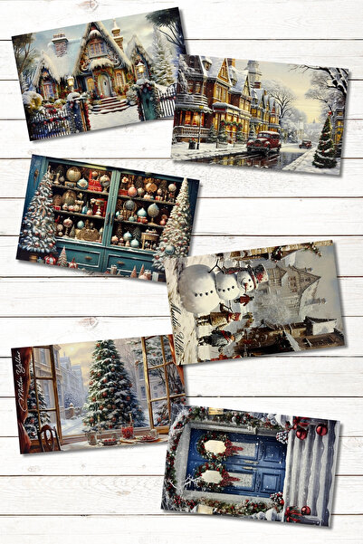 Bimotif 6lı Simli Kartpostal Seti, Yılbaşı, Kış Sokakları