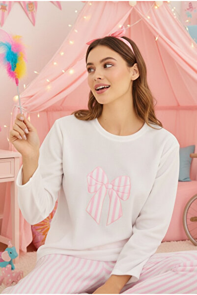 Siyah İnci White Pink Striped Bow Embroidered Fleece Winter Knitted Pajamas Suit