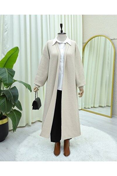 Modamorfo Collared Long Loose Soft Cardigan - Ecru