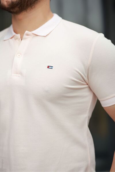 comstar Men's Short Sleeve Tight Ecru Non-Curling Polo Neck T-Shirt