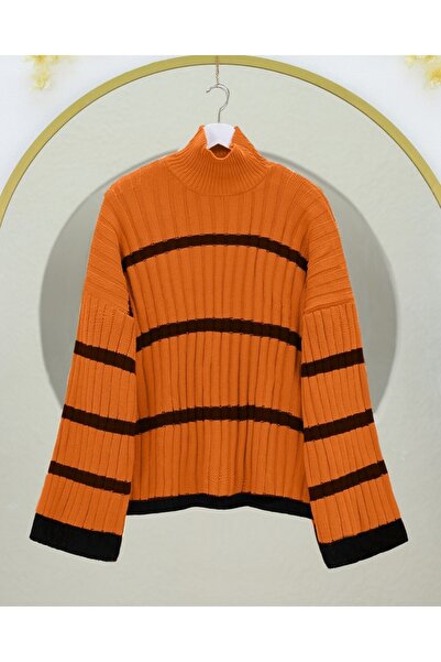 Modamorfo Bő ujjú csíkos kötött pulóver - narancssárga
