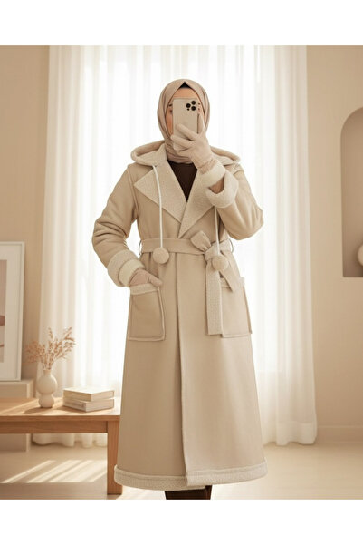 Modamorfo Beli Belted Double Pocket Fur Lined Leather Coat - Beige