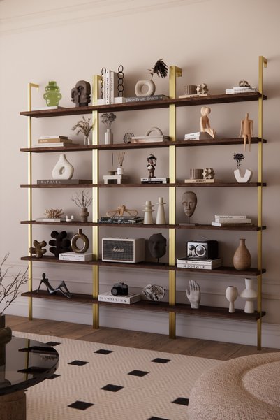 Phobia Solto Home OB7-22 Duvara Monte 6 Raflı Gold Metal Kitaplık-Ceviz Duvar Rafı-Reyon Rafı-Ofis–Salon