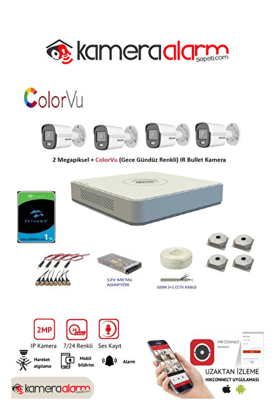 Hikvision 2mp 4 kameralı Dış ortam AHD HD-TVI ColorVu Gece Renkli Kamera Seti...